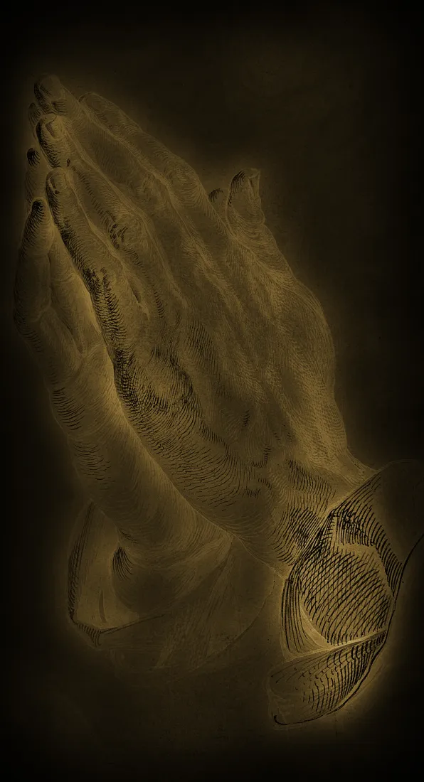 Praying hands in gold on black